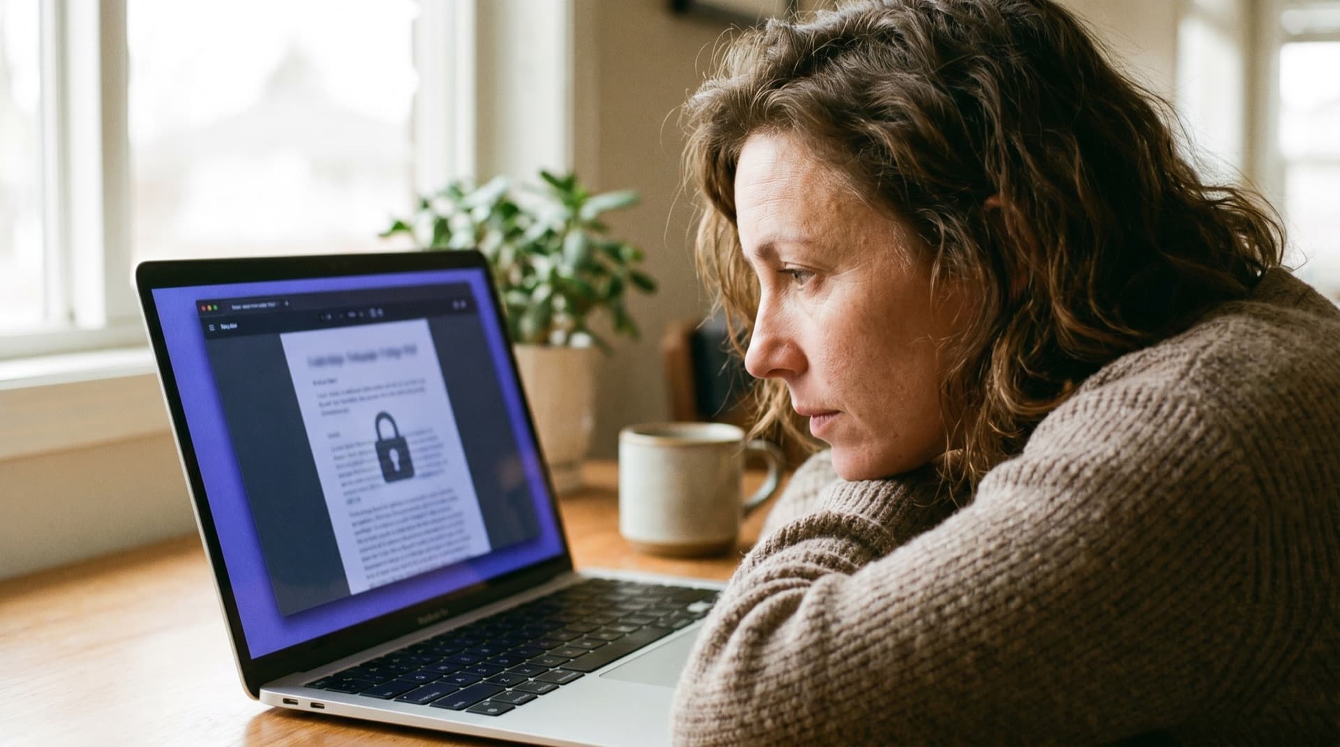 A person viewing a locked, protected PDF on their laptop, secured on-device