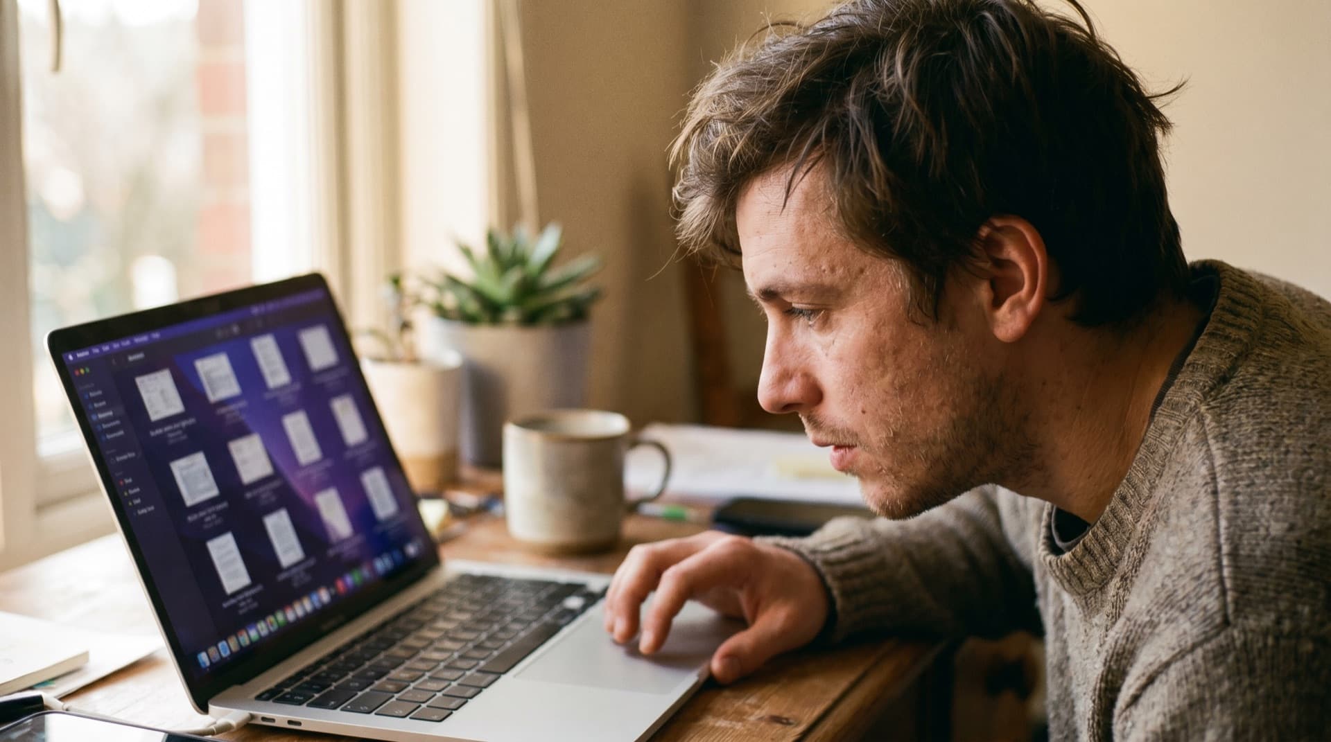 A person reordering PDF page thumbnails on their laptop, organized in the browser