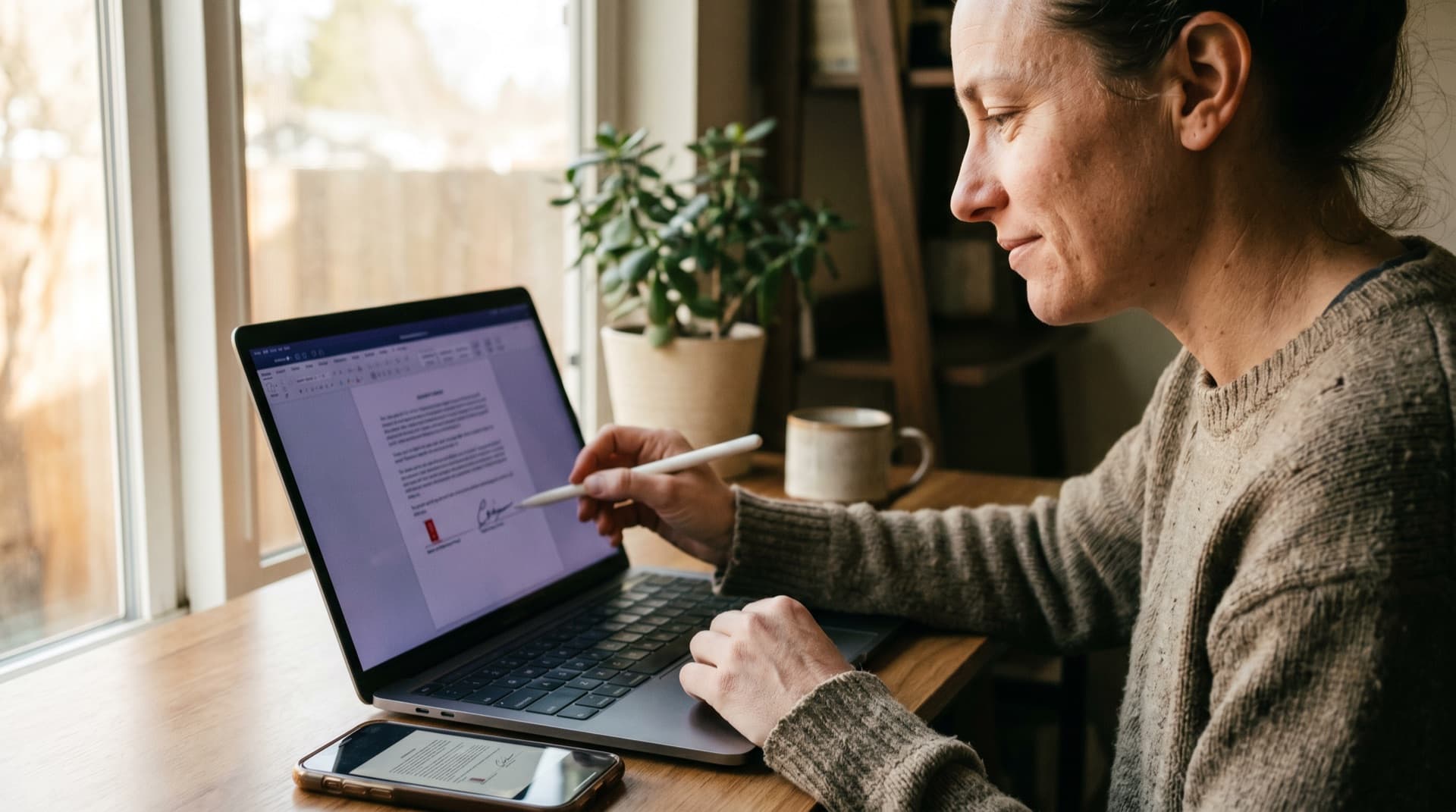 A person signing a PDF on their laptop with the same document on their phone, all in the browser
